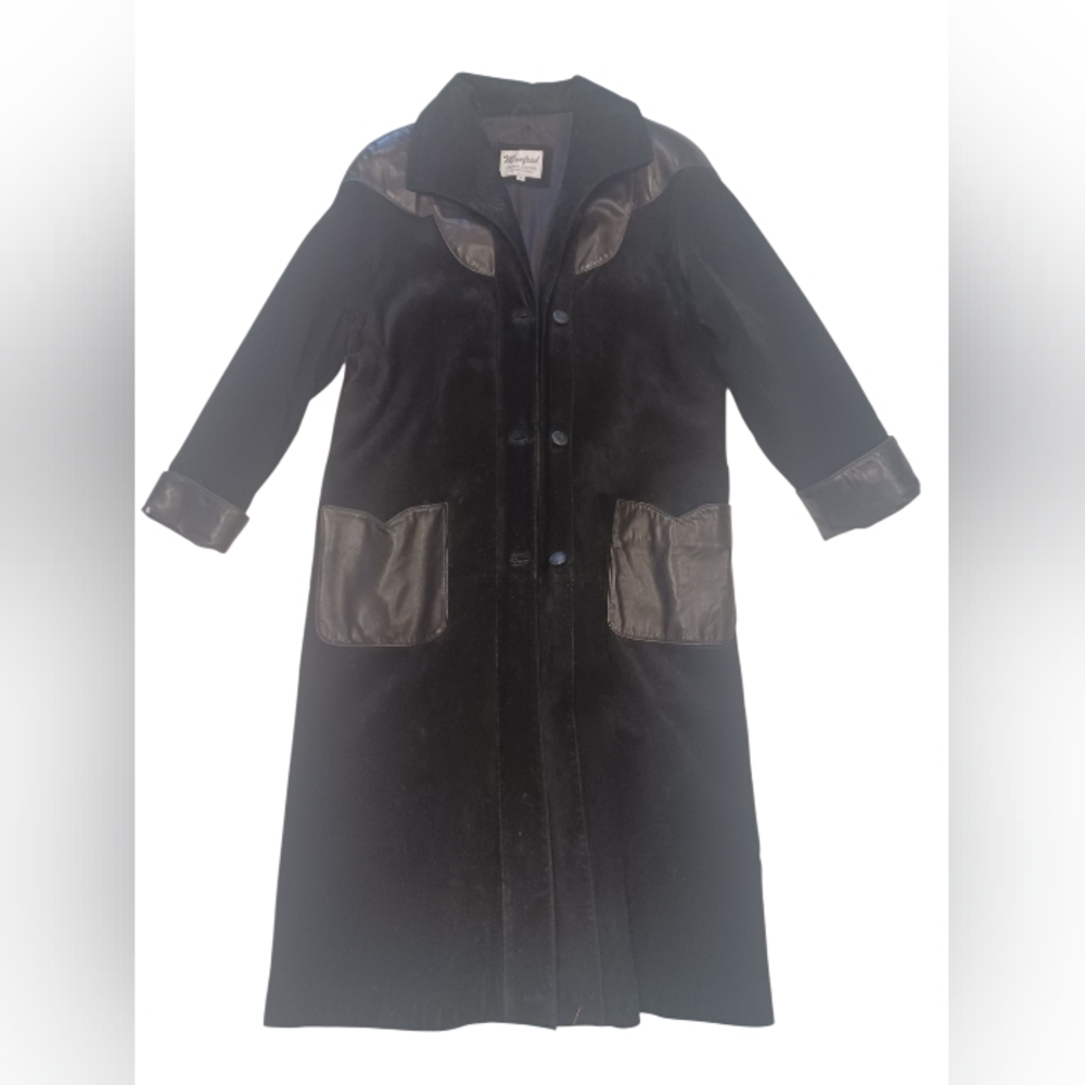 Manfred GUC Vintage Leather/Suede Long Black Coat Size 6 - Picture 6 of 12